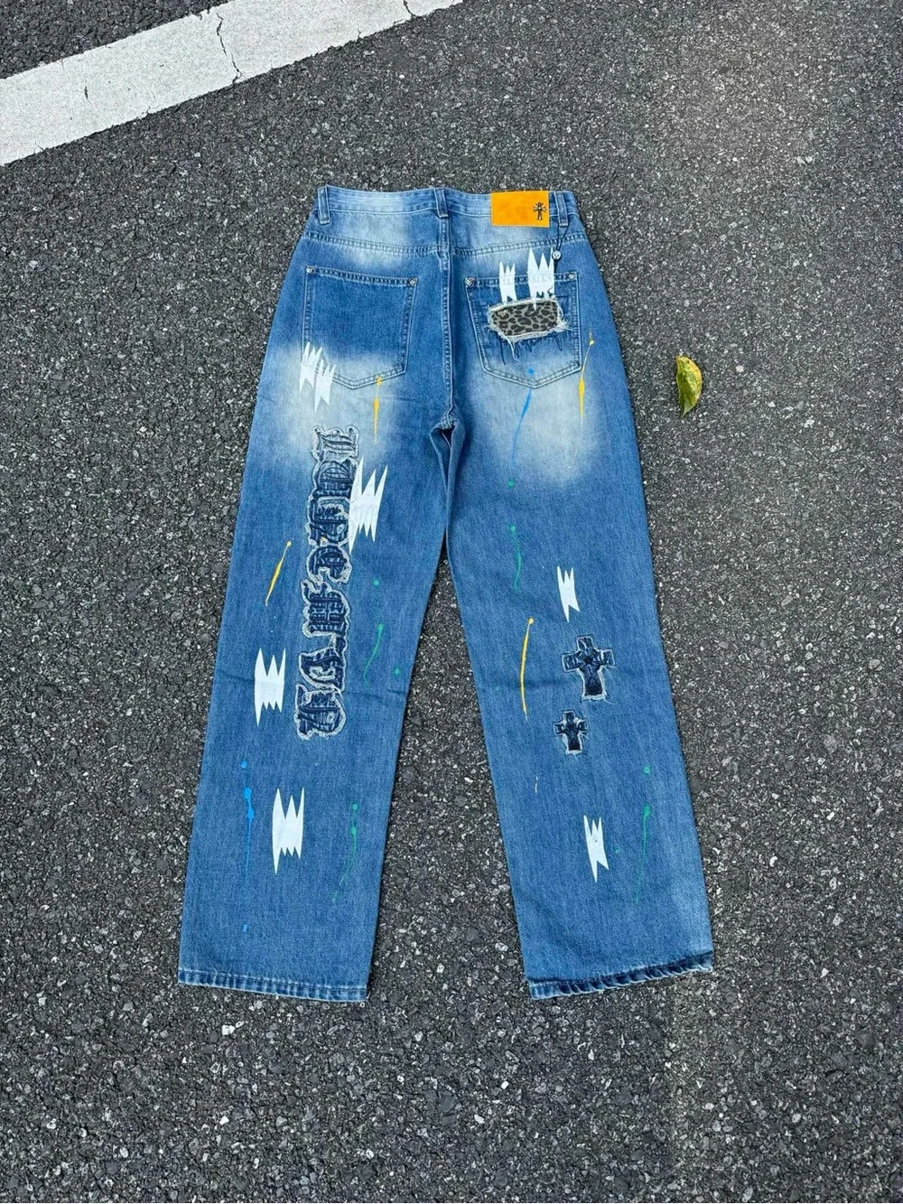 Chrome Hearts Blue Distressed Straight Jeans with Paint Accents